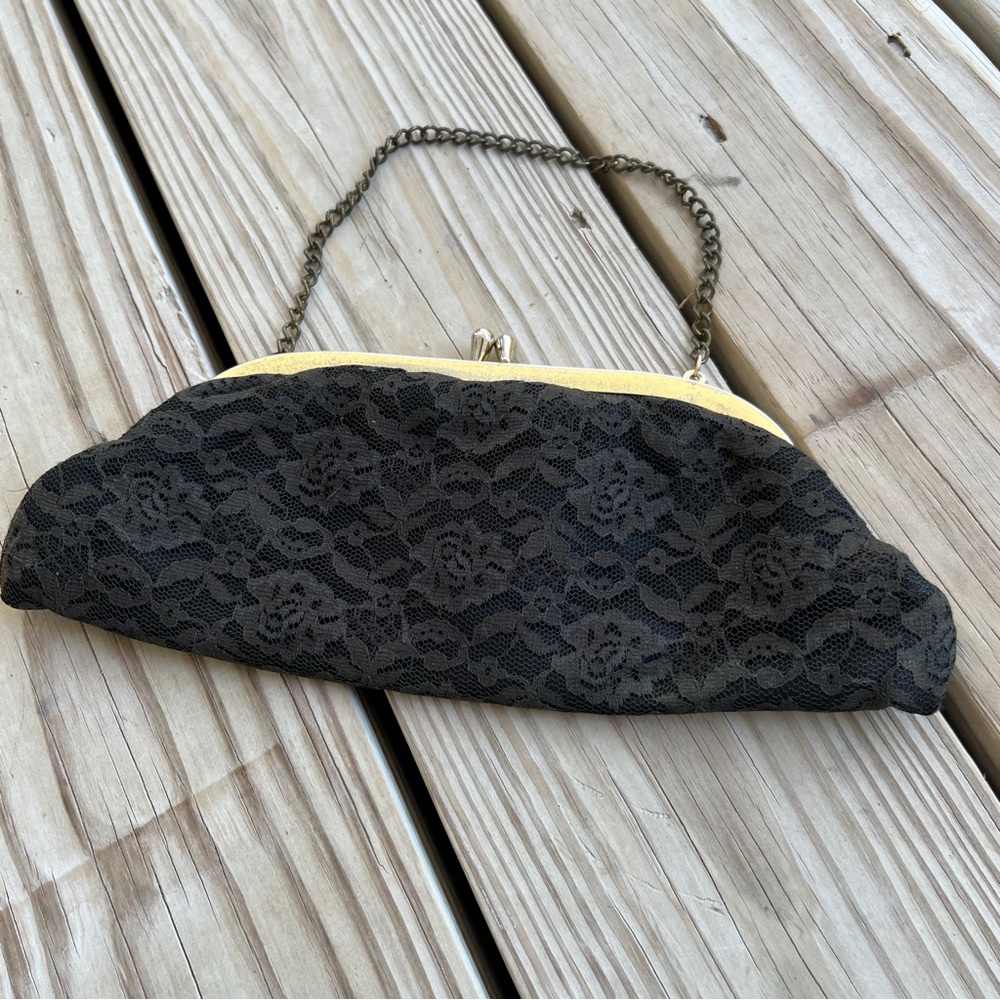 Vintage Black Lace Clutch Gold Chain Strap Kisslock Gothic 50s MCM Spooky